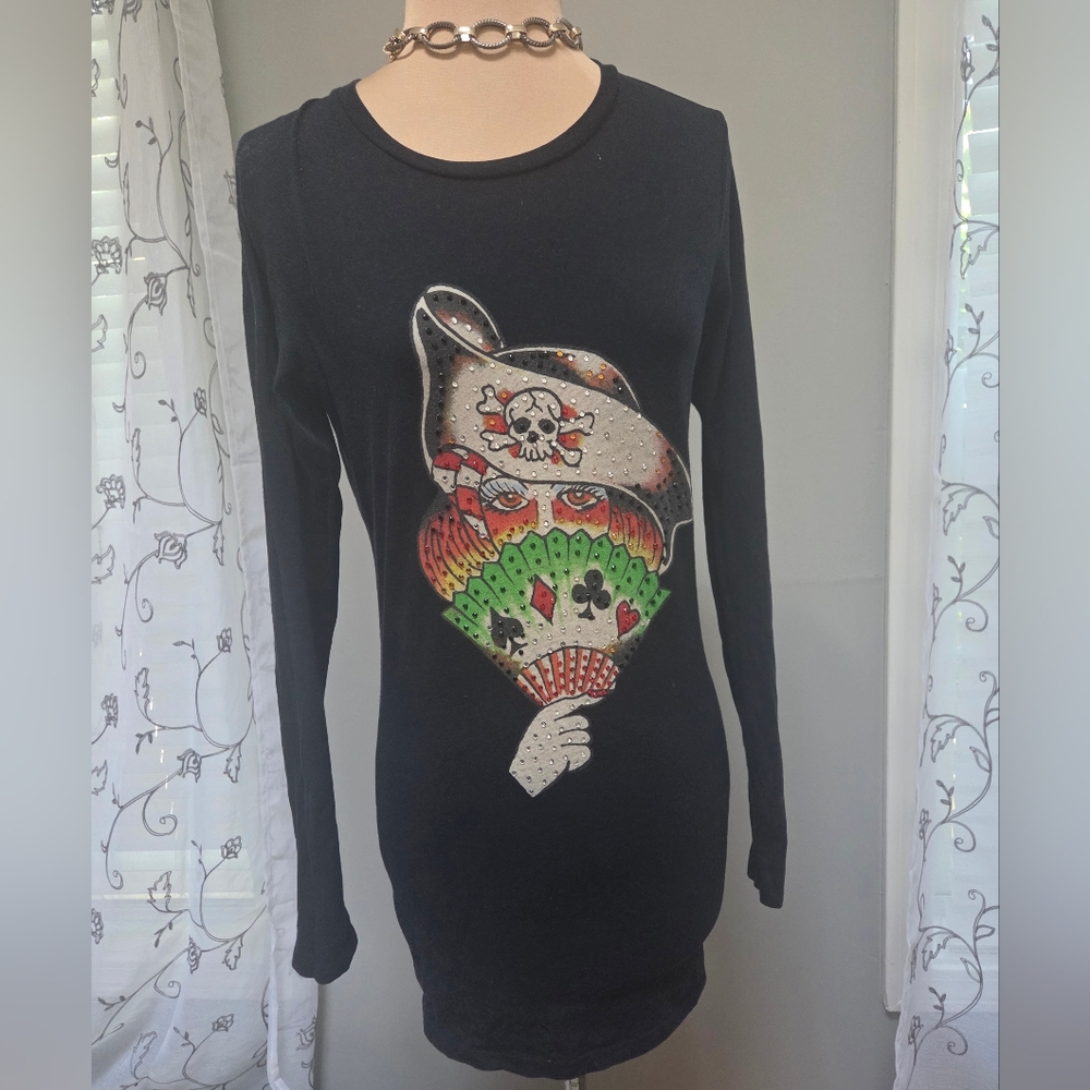 Vintage Ed Hardy Christian Audigier Long Sleeve Pirate  Shirt Dress Rhinestone